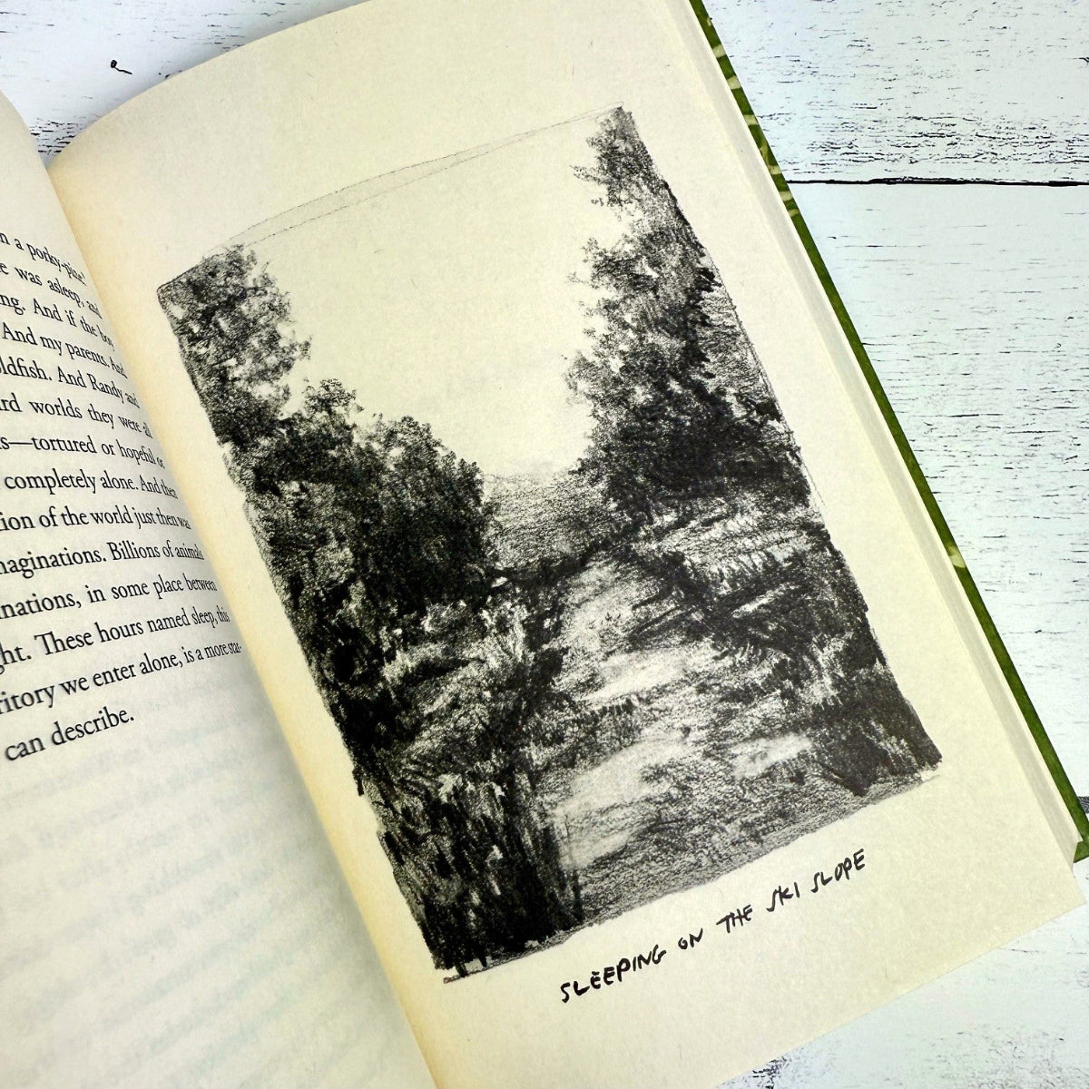 interior page of Six Walks showing author illustration of a ski slope path with the handwritten caption "Sleeping on the ski slope"