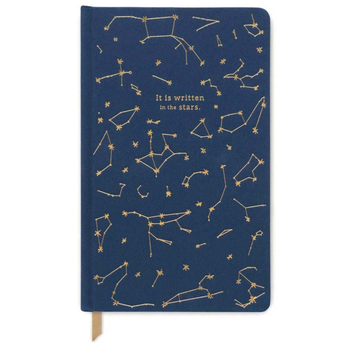 a deep navy blue clothbound journal with gold foil constellations adorning the front cover with text at the top of the journal that reads "written in the stars"
