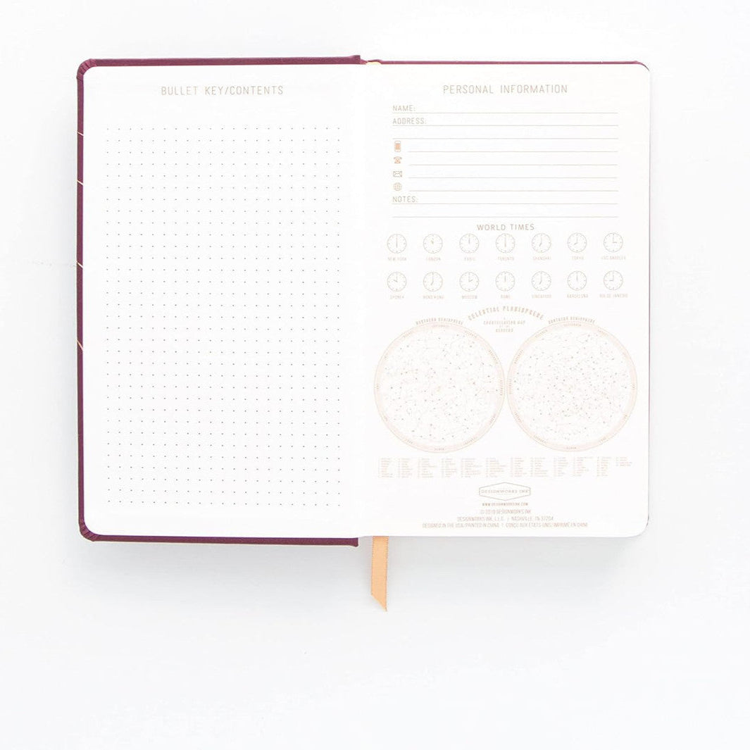 the interior cover of the journal with space for "Bullet Key/Contents" on a dot grid on the left page, and a space for the owner's name, contact info, as well as two small constellation charts and world times clocks