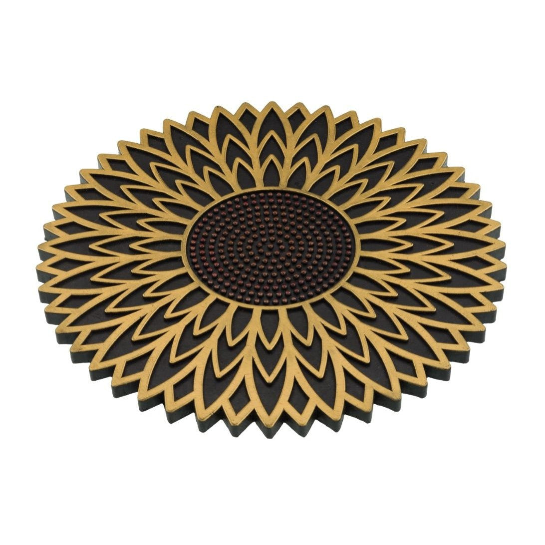 garden stepping stone with sunflower design in yellow and brown shown at a slight angle