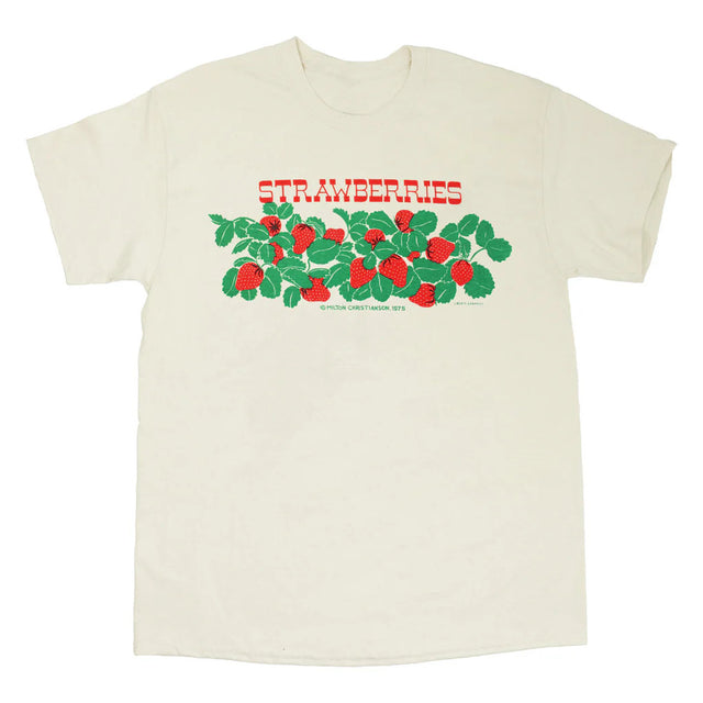 an off white t-shirt with vintage strawberries text and illustration