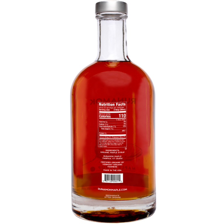 the back view of the Sugarmaker's Cut maple syrup bottle showing the nutrition facts and company info