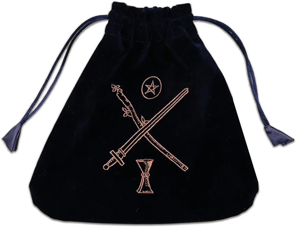 The tarot suits pouch laid flat with the drawstrings pulled closed to show that items will be secure inside the bag
