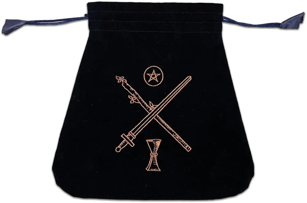 a Teardrop shaped midnight blue velveteen drawstring pouch with copper embroidery of a sword and a wand crossed to form an X with a pentacle above and a cup below it