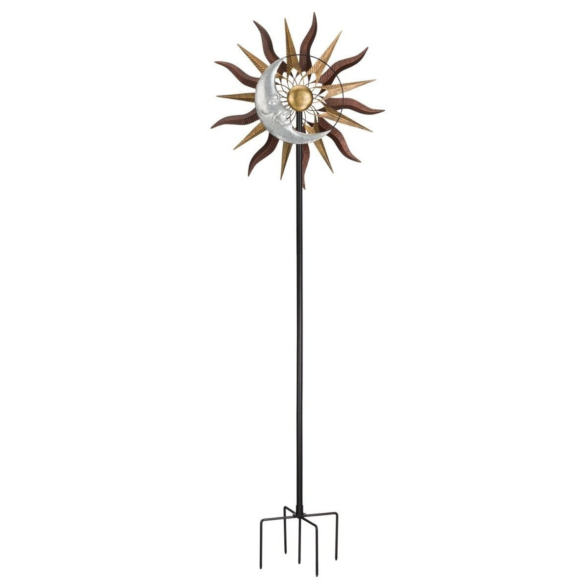 the full length wind spinner showing the shaft and the multi prong ground stake
