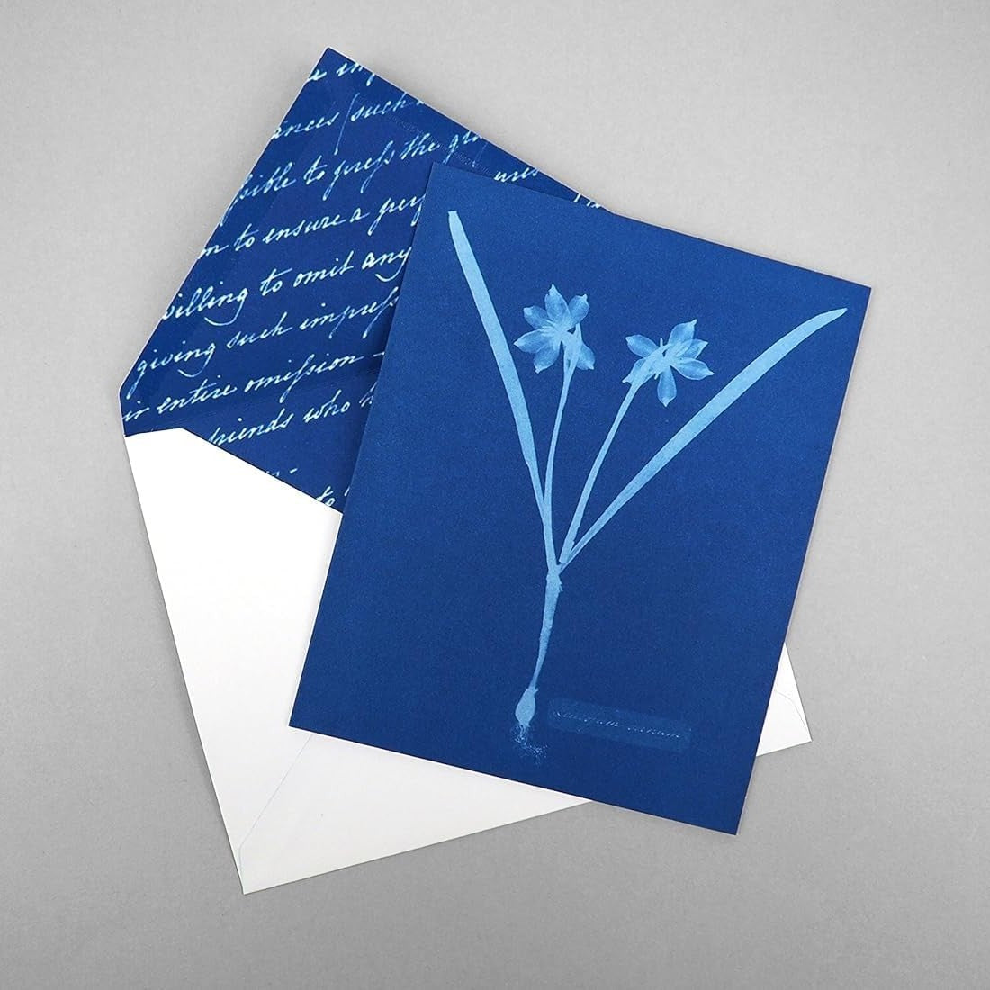 Blue greeting card with floral design and white envelope with blue interior on gray background
