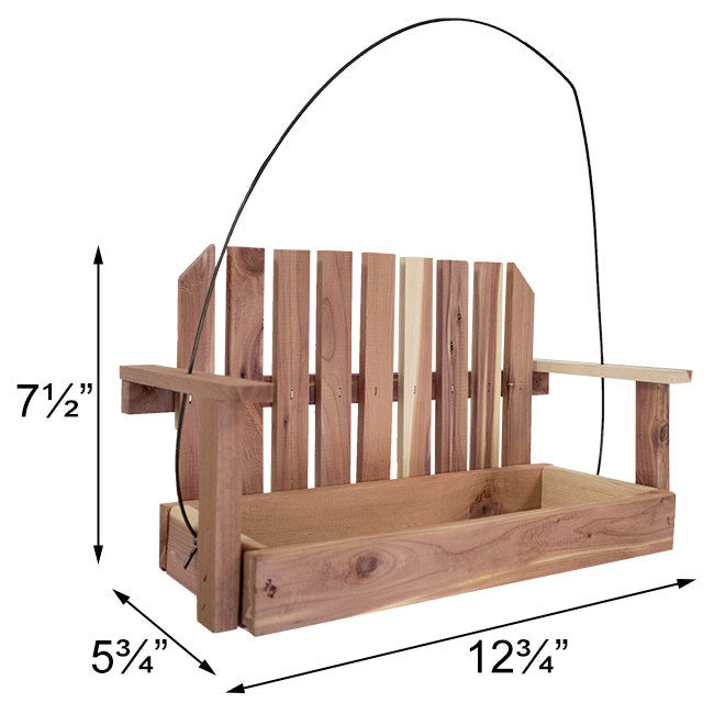 the cedar swing bird feeder against a white background with numbers marking the measurements - 12.75 inches wide, 7.5 inches tall, 5.75 inches deep