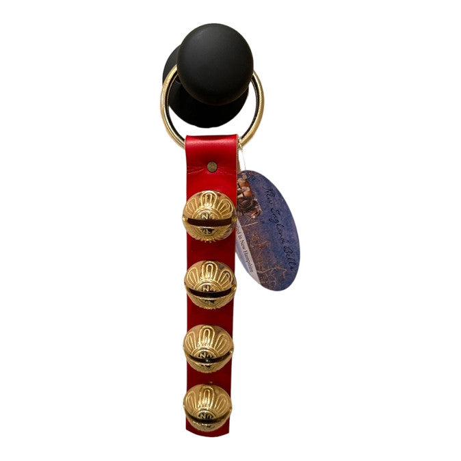 4 brass bells on a red leather strap - 12.5" in length