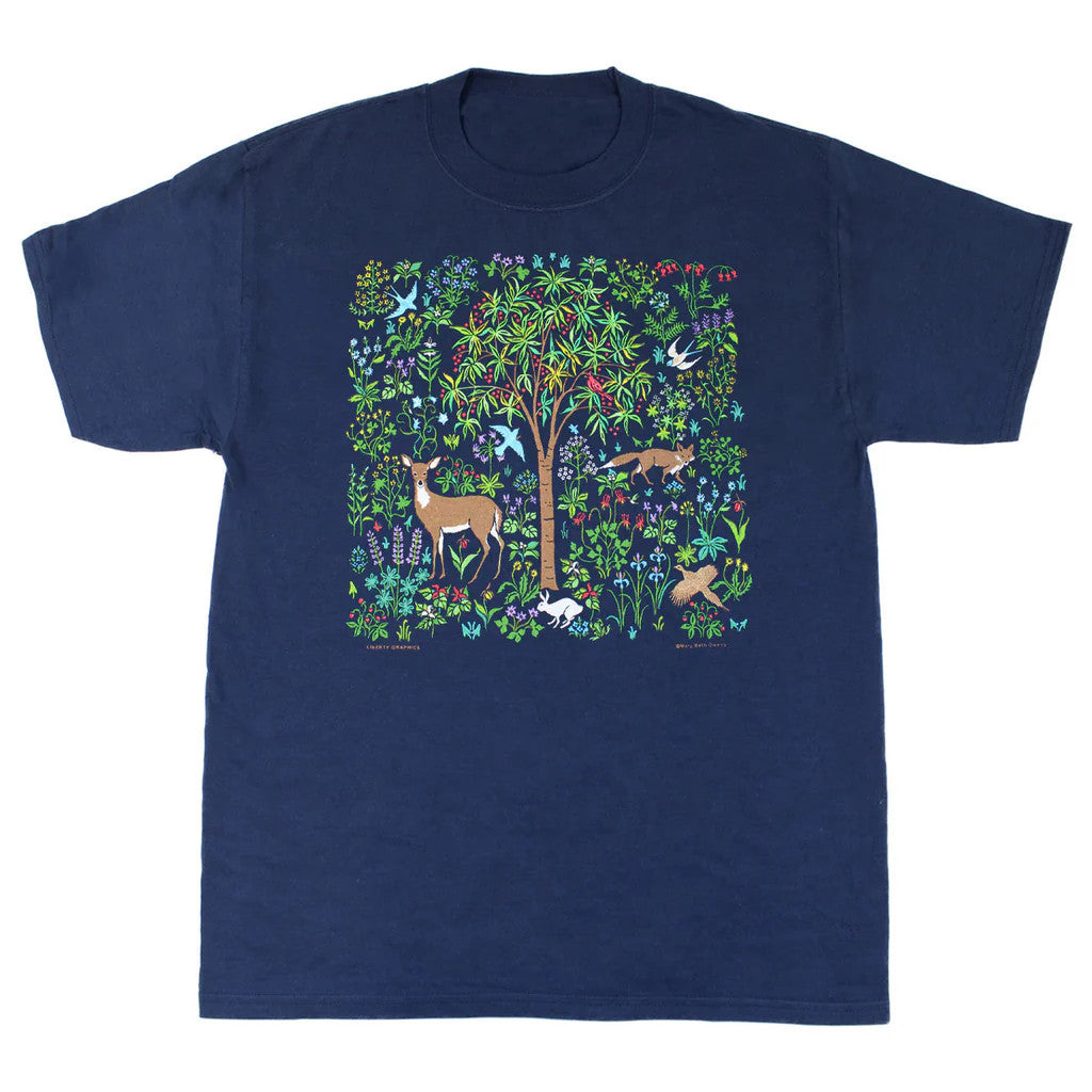 a navy blue tee with tapestry inspired illustration of a woodland scene with flora and fauna