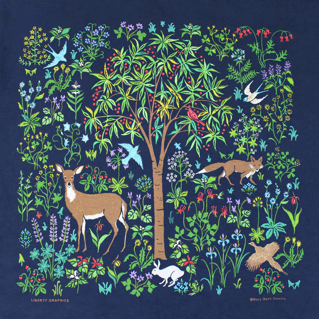 close up of the tapestry inspired illustration of a woodland scene with flora and fauna including deer, fox, quail, rabbit, birds, and various wildflowers and trees