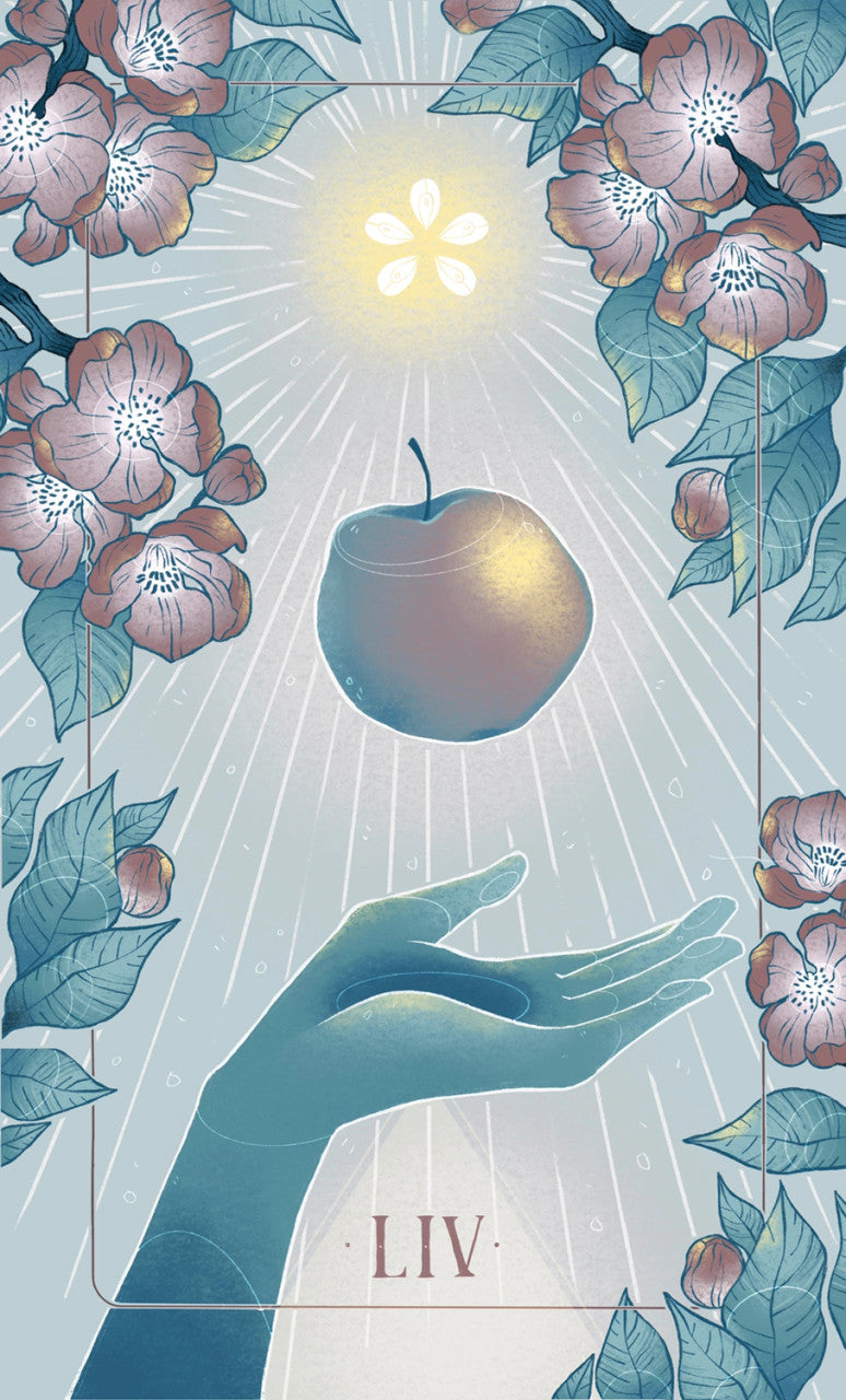 artwork from one of the cards in the oracle deck featuring a glowing apple floating above an open hand against a background of apple blossoms