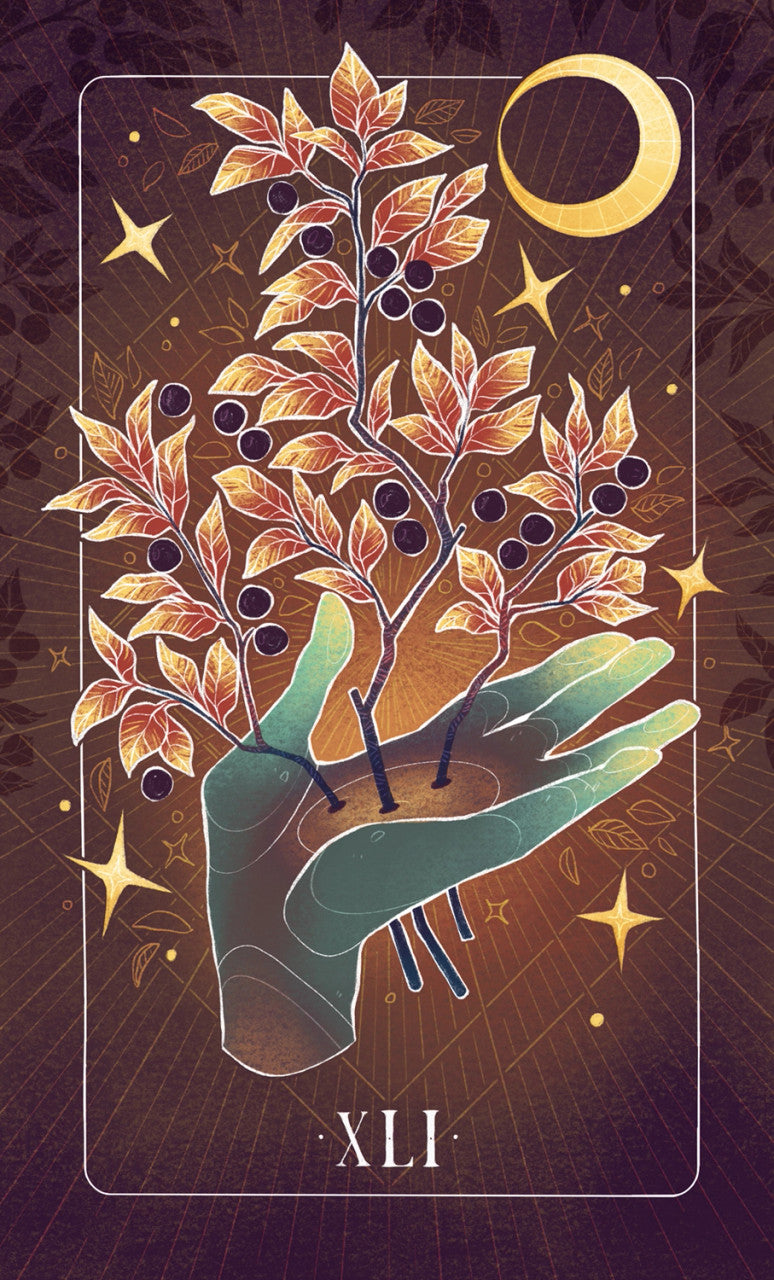 artwork from one of the cards in the oracle deck featuring an open hand with berried stems piercing the hand against a background of stars with a moon