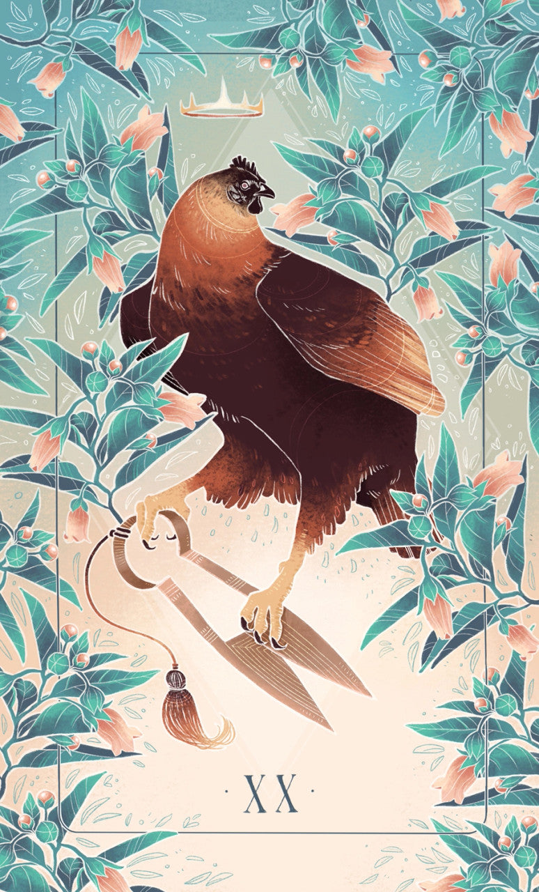 artwork from one of the cards in the oracle deck featuring a hen holding harvesting shears against a background of intricate flowers