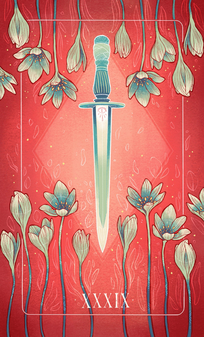 artwork from one of the cards in the oracle deck featuring an ornate dagger with symbols against a red background with floral imagery