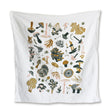a white tea towel with playful illustrations of a variety of mushrooms