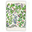 a tea towel folded to display the vibrant artwork of various wild berries including blueberries, raspberries, strawberries, cranberries, blackberries, and more