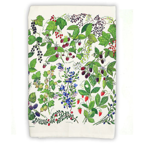 a tea towel folded to display the vibrant artwork of various wild berries including blueberries, raspberries, strawberries, cranberries, blackberries, and more