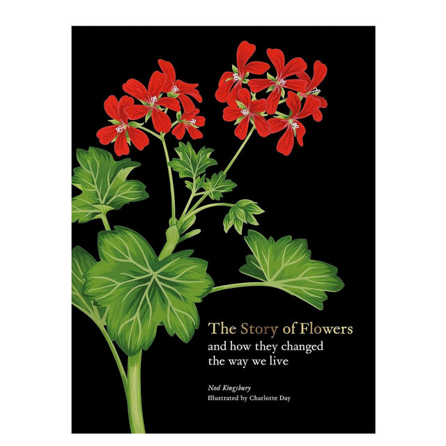 book cover of The Story of Flowers with red flowers on a black background
