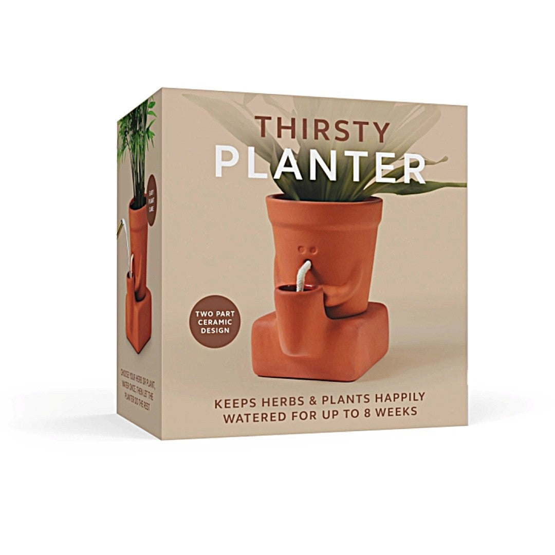 Box packaging of a 'Thirsty Planter' product on a white background