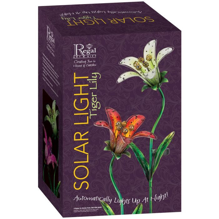 a purple rectangular box with images of the Tiger lily solar stake