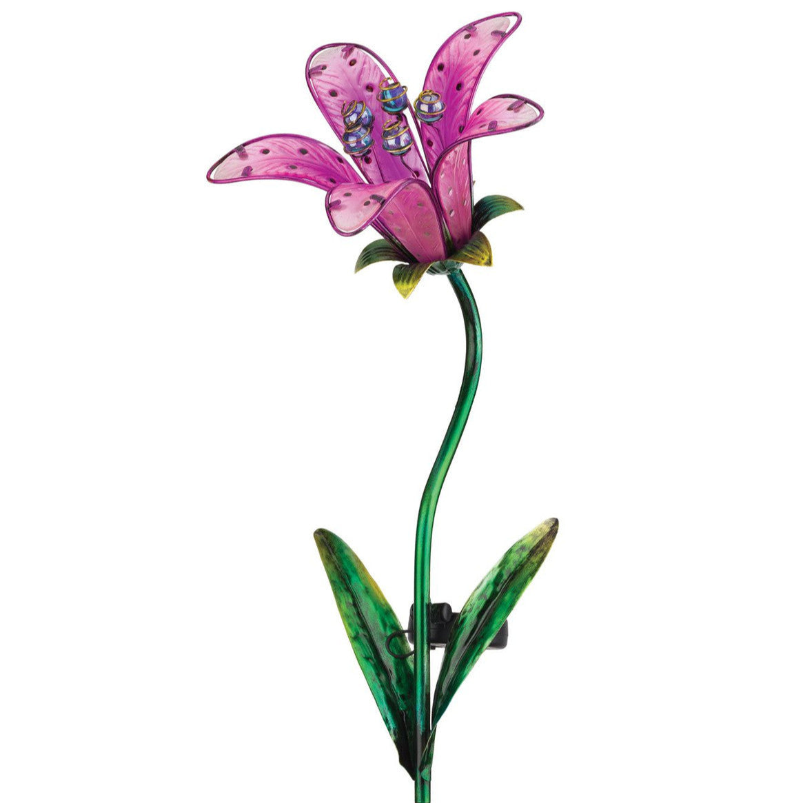 a close up of the pink tiger lily solar stake against a white background