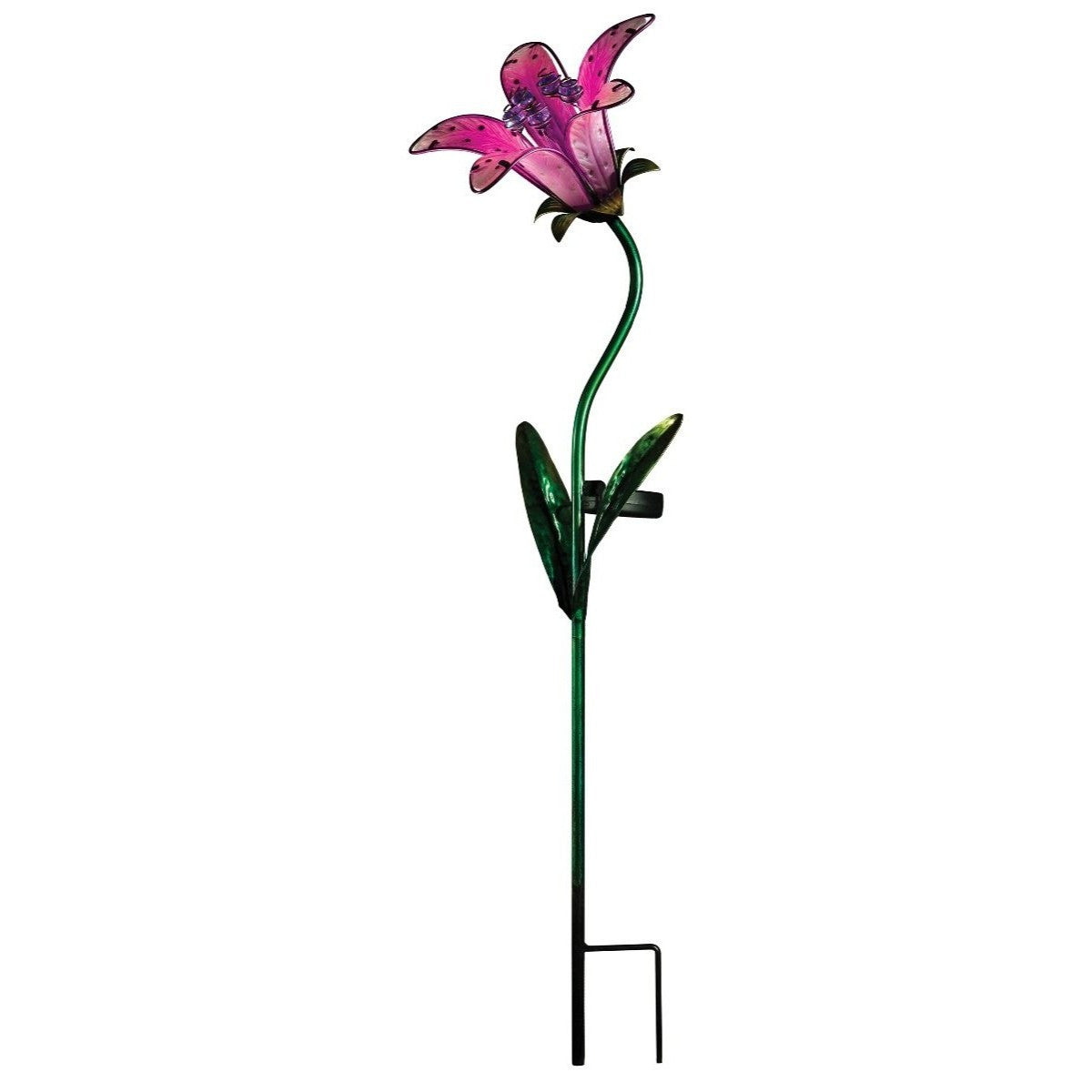 the full view of the pink tiger lily solar stake showing the double prong that anchors the stake in the ground