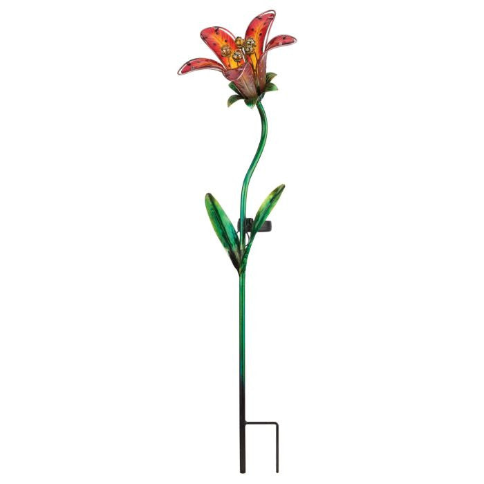 the full view of the red tiger lily solar stake showing the double prong that anchors the stake in the ground