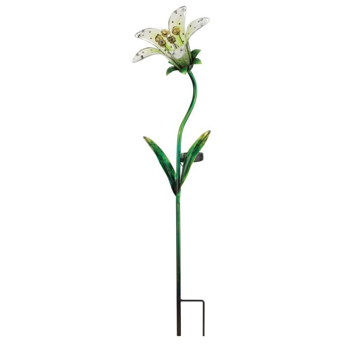 the full view of the white tiger lily solar stake showing the double prong that anchors the stake in the ground