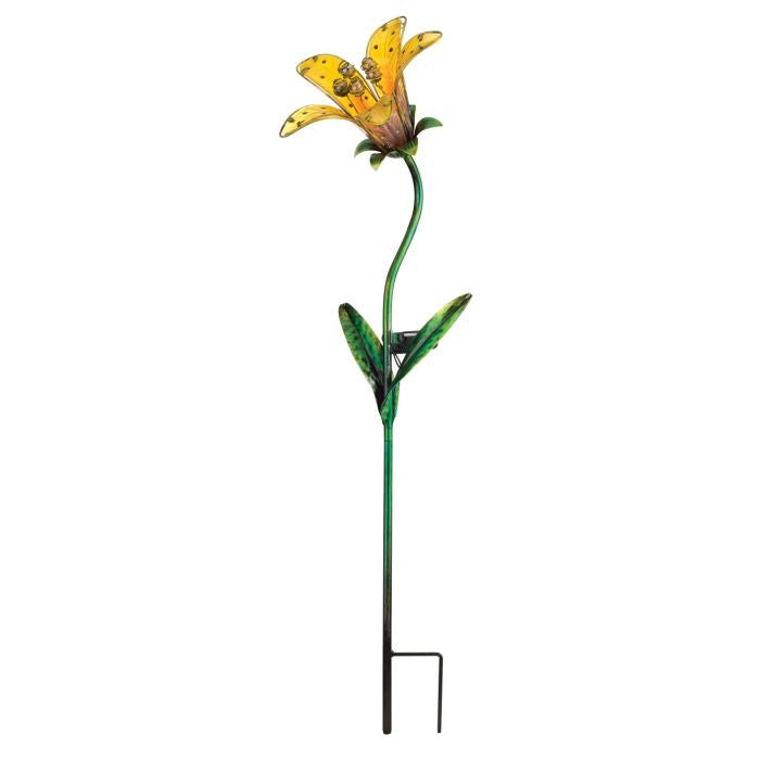 the full view of the yellow tiger lily solar stake showing the double prong that anchors the stake in the ground