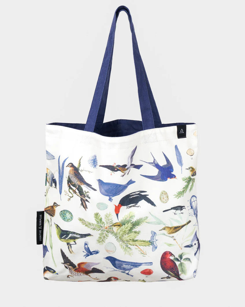 side 1 of the feathered friends tote featuring a range of birds in an academic illustration style on a white tote