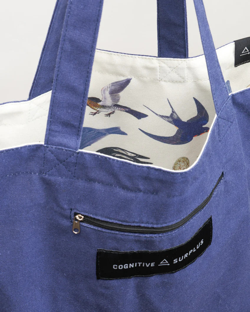a close up of the tote near the handles showing the bag reversed so the bird print is on the inside of the tote and the outside is now a royal blue