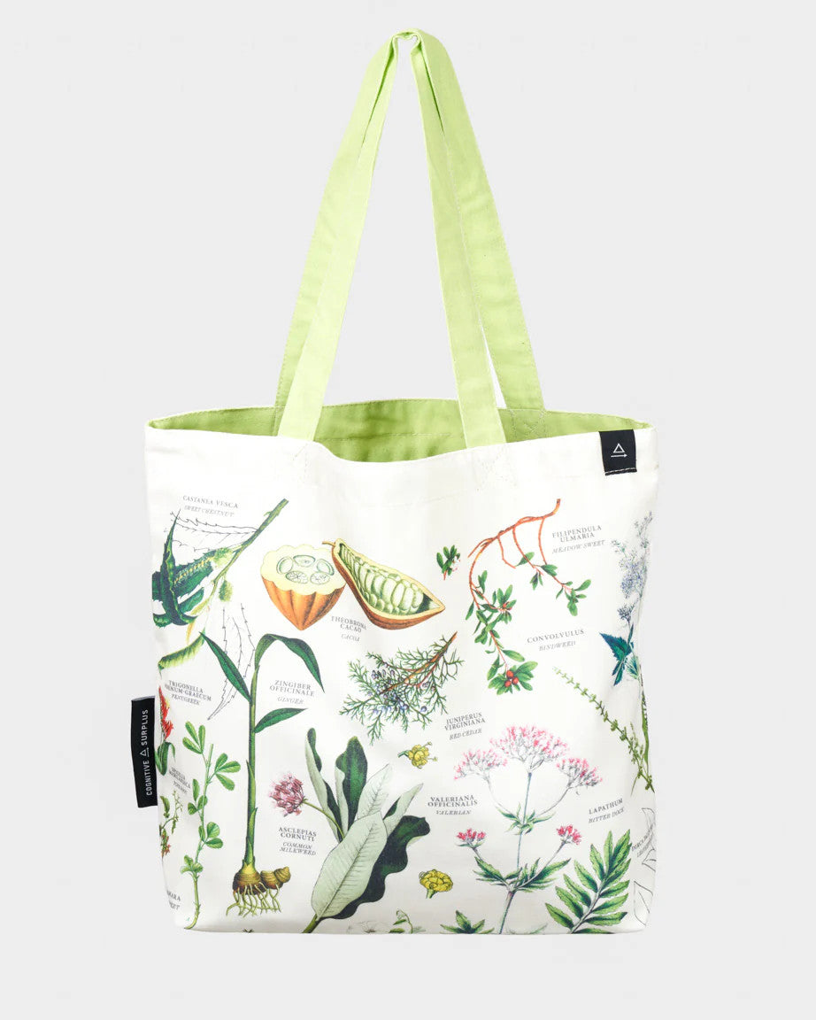the medicinal botany canvas tote bag featuring illustrations of pharmacological plants with a pale green strap