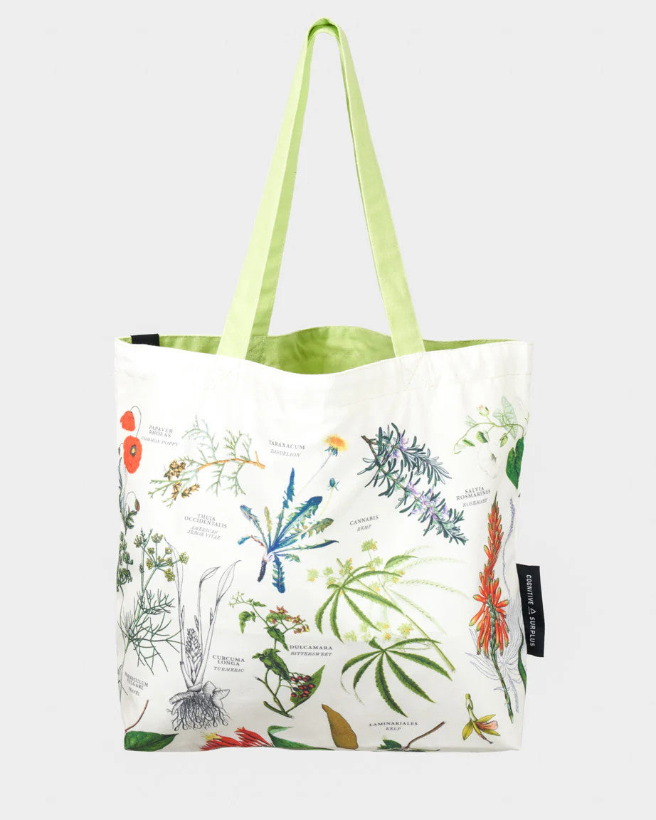 the other side of the medicinal botany canvas tote bag featuring more illustrations of pharmacological plants with a pale green strap