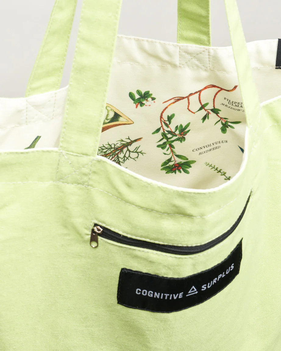 the medicinal botany tote bag on the reverse side showing the pale green lining on the exterior of the bag with the plant prints on the inside