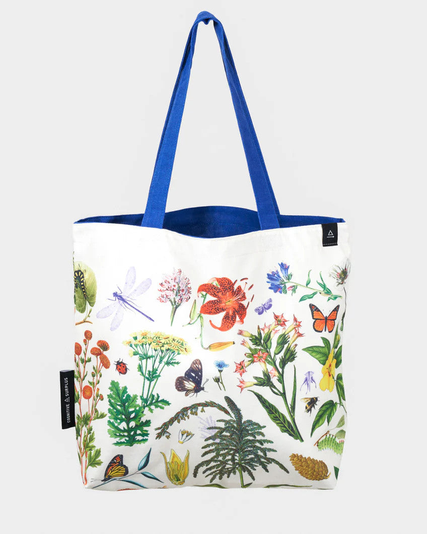 side two of the pollinator tote; a white tote bag with blue straps covered in vintage illustrations of hummingbirds, bees, butterflies, and the plants they pollinate
