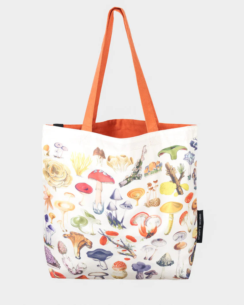 side two of the woodland mushrooms tote; a white tote bag with orange straps covered in vintage illustrations of woodland mushrooms