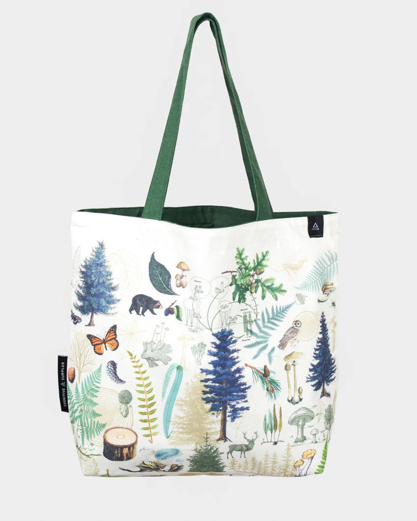 side one of the into the woods tote; a white tote bag with forest green straps covered in vintage illustrations of woodland flora and fauna