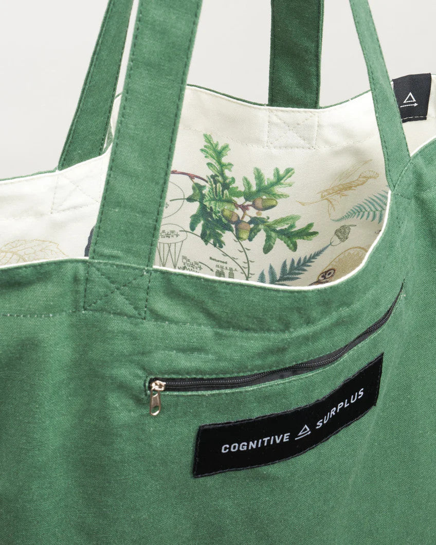 a close up of the tote near the handles showing the bag reversed so the forest print is on the inside of the tote and the outside is now a forest green