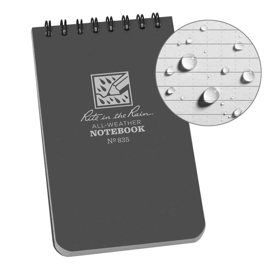 a gray top spiral notebook with a circle showing a page from the notebook with water beading on the surface showing the waterproof nature of the paper