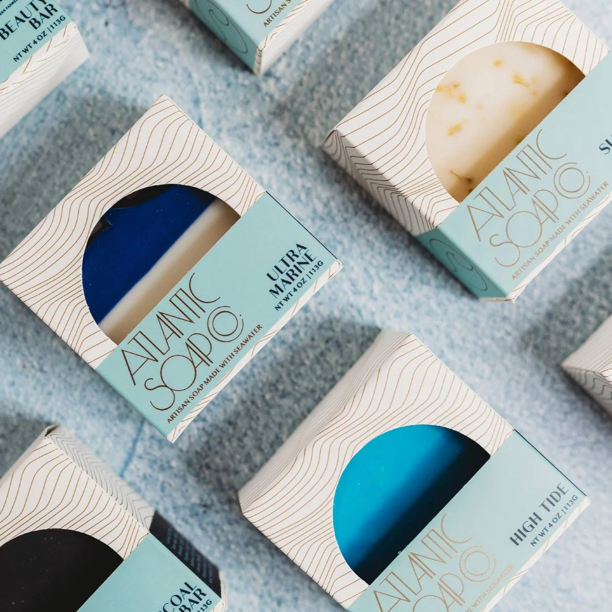 an array of square soap boxes with a range of atlantic soap co soaps