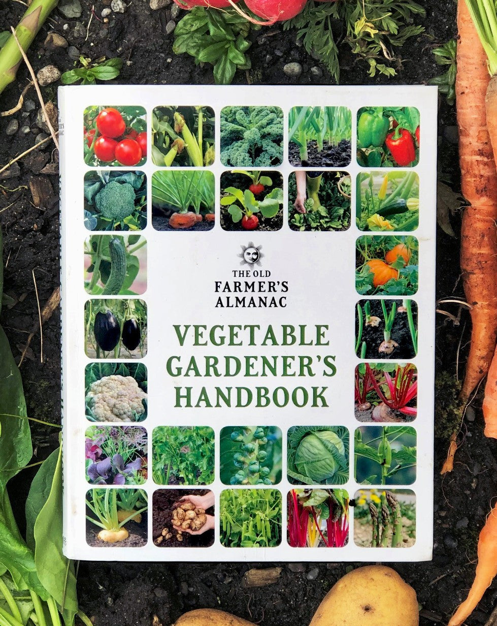 Book titled 'Vegetable Gardener's Handbook' surrounded by vegetables.
