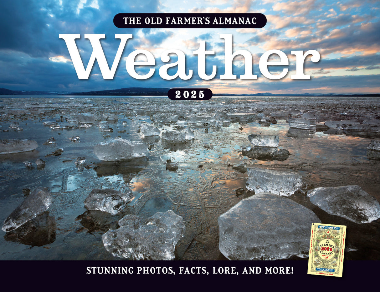 the 2025 Old Farmer's Almanac Weather calendar cover image of a field of ice