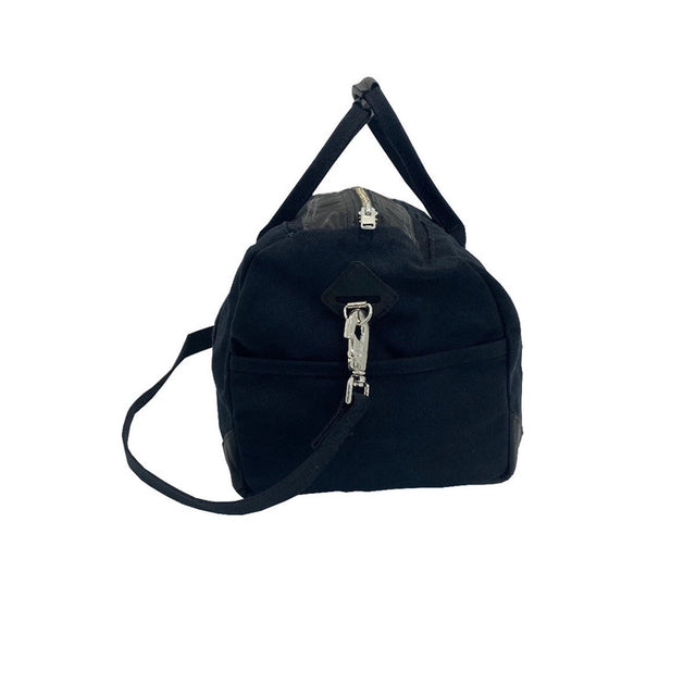 a side view of the black weekender bag