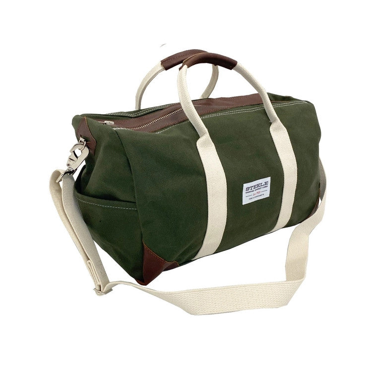 a front/side angle of the olive green weekender bag