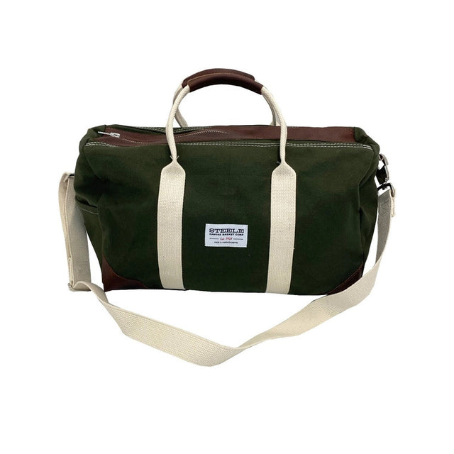 a frontal view of the olive green weekender bag