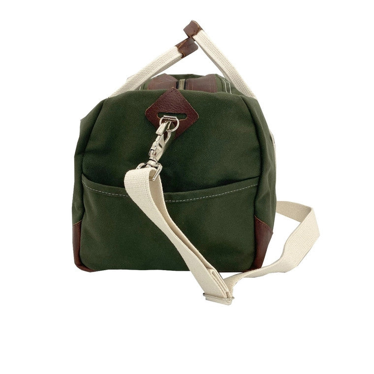 a side view of the olive green weekender bag