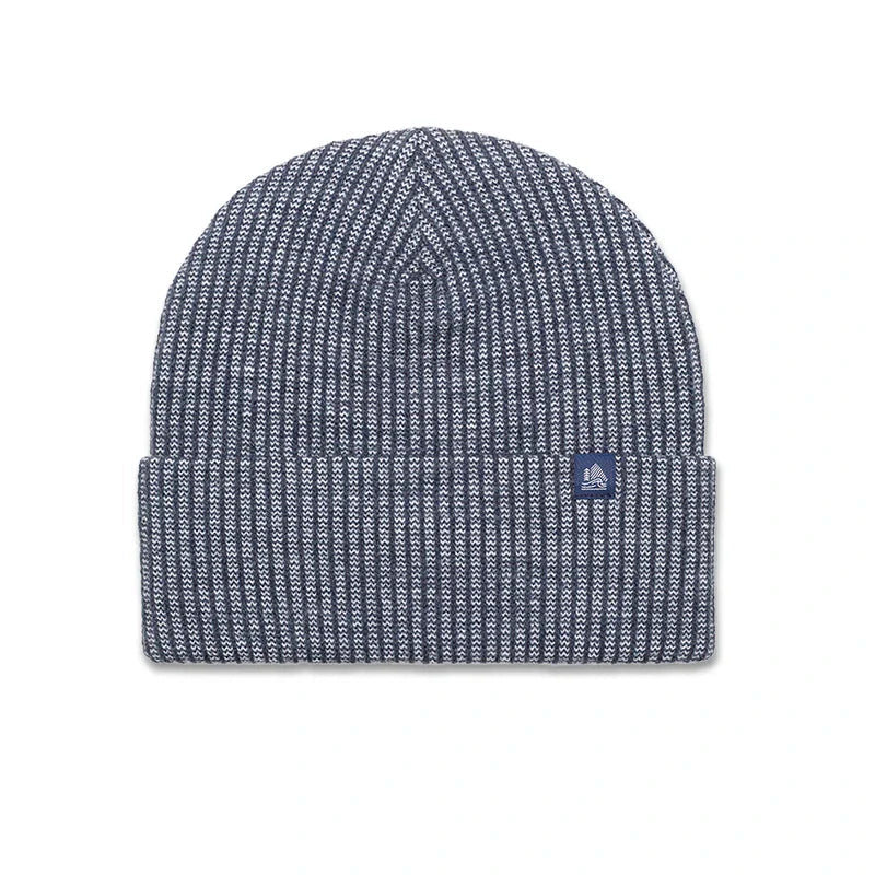 A navy blue and white heathered knit beanie hat with a folded cuff and a small navy logo patch on the side, shown against a plain white background.