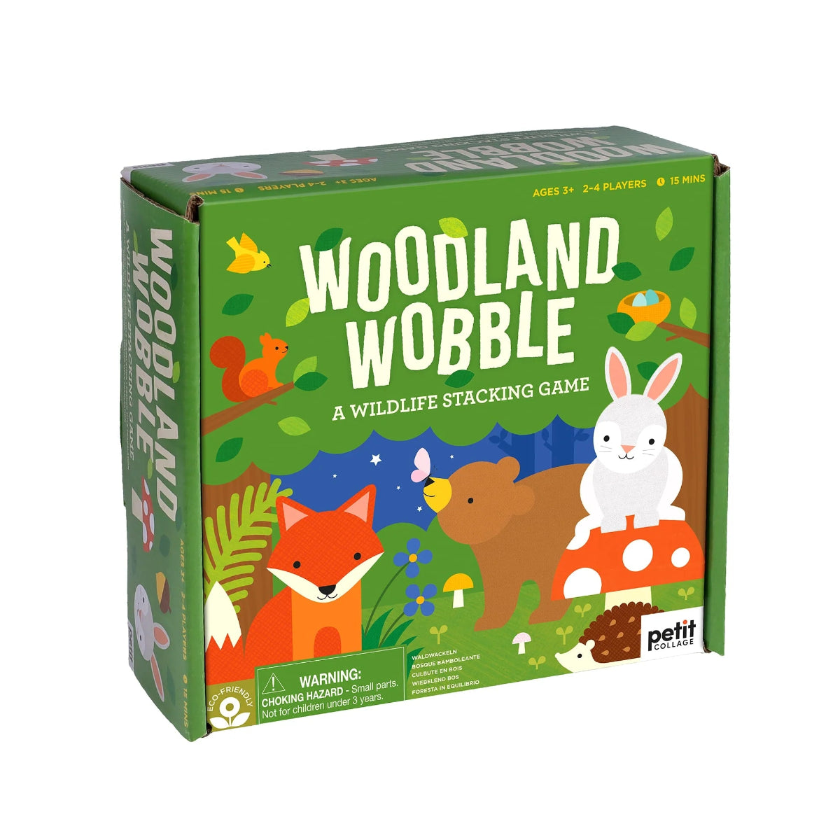 Box of 'Woodland Wobble' wildlife stacking game with forest animals on a green background