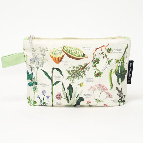 a white canvas zipper pouch with vintage illustrations and scientific diagrams of medicinal plants. the pouch has a spring green strap for easy carrying