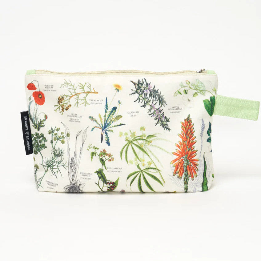 side two of a white canvas zipper pouch with vintage illustrations and scientific diagrams of medicinal plants. the pouch has a spring green strap for easy carrying